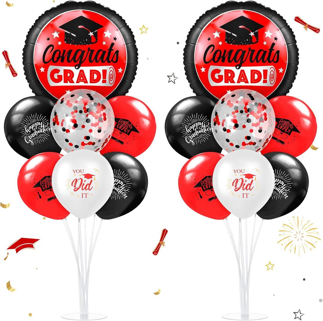 Kasyat 2 Set Red and Black 2026 Graduation Table Centerpiece Balloon Stand Kit Congrats Grad Foil Balloons for Graduation Party Supplies Decorations