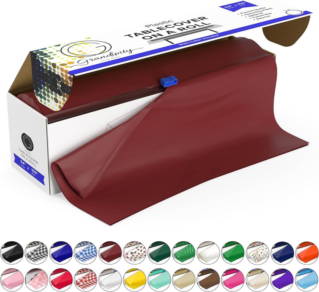 Grandipity Plastic Rectangular Tablecloth Roll, 54x100' Burgundy, Disposable with Cutter Box, Wrinkle-Resistant, Waterproof, for Parties & Events