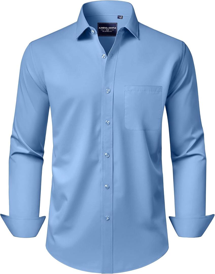 Alimens & Gentle Men's Dress Shirts Long Sleeve Wrinkle-Free Stretch Shirts Solid Formal Button Down Shirt with Pocket (Medium)