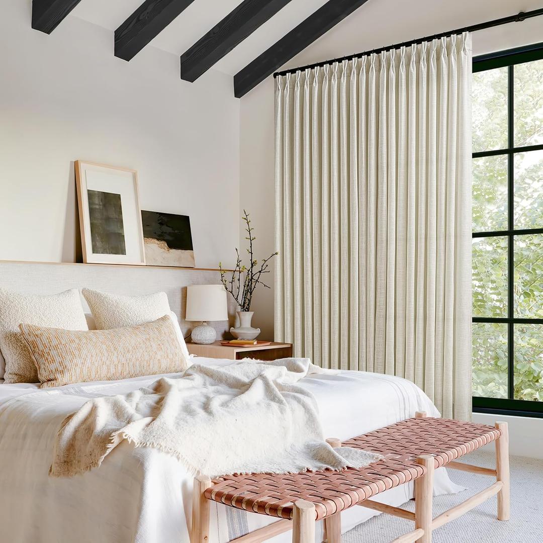 100 Inch Width 102 Inch Long Curtains Extra Wide Pinch Pleat Linen Curtains for Living Room Beige Tan Oatmeal Light Filtering Privacy Pleated Hooks Rings Back Tab for Sliding Glass Door 1 Panel