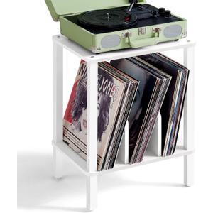 LELELINKY 2-Tier Record Player Stand with Vinyl Record Storage up to 100 Albums, Bedroom Record Holder and Multi-Functional End Table for Living Room, White
