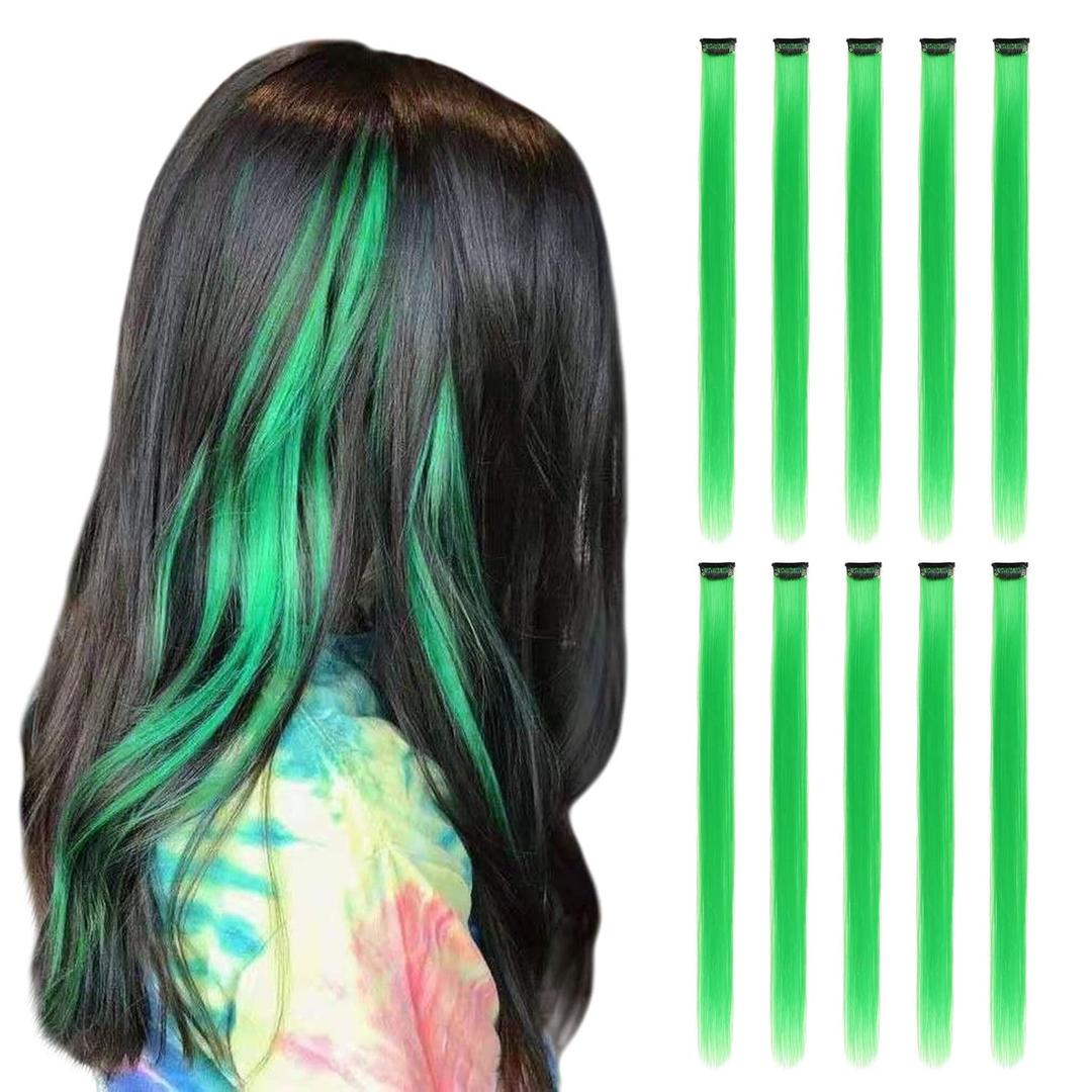 Green Hair Extensions Clip in, 22 Inch 10 Pcs Long Straight Colored, for Women Highlight Party, Synthetic