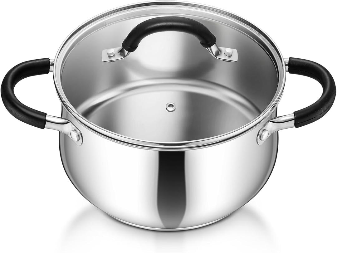P&P CHEF Stainless Steel Stock Pot, 4 Qt Cooking Soup Pot with Visible Lid for Pasta, Tri-Ply Bottom & Dual Heatproof Handles, For Induction Gas All Stoves, Non-Toxic & Dishwasher Safe