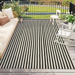 Black and White Indoor Outdoor Rug 5x8 ft, Cotton Striped Layering Rug Woven Large Patios Rug Washable Modern Area Rug Carpet for Farmhouse Bedroom Living Room Balcony Patio Backyard Decor