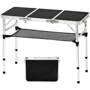 YihuiKo 3 ft Folding Table, Camping Table with Storage Net, Lightweight Portable Aluminum Foldable Table with Adjustable Height Max 27.5 Inch Outdoor Table for Picnic Travel, Black