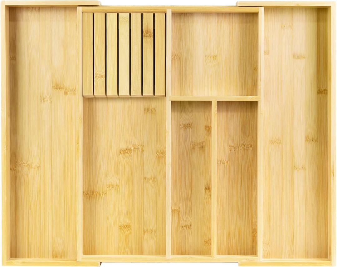 VaeFae Bamboo Kitchen Drawer Organizer, Wooden Utensil Tray with Multiple Compartments, Cutlery and Silverware Storage (6 Slot, Natural)