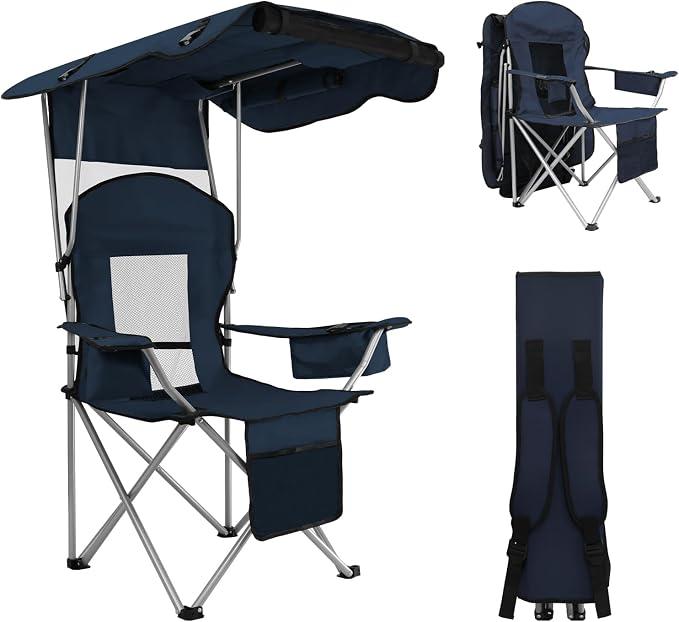 Camping Chair with Canopy Shade Portable Folding Beach Chairs,Blue | Full Sun Protection,Cup holder,Pocket,Cooler Bag,Can Folded Into a Backpack,for Camping Fishing Beach and Sports