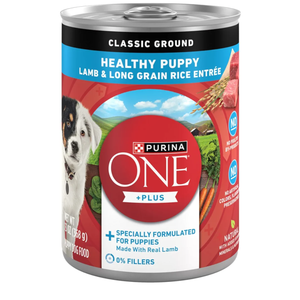 Purina ONE Plus Wet Puppy Food Classic Ground Healthy Puppy Lamb and Long Grain Rice Entree - (Pack of 12) 13 oz. Cans, Best By: OCT 2027