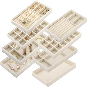 Elsjoy Set of 8 Velvet Jewelry Tray, Drawer Insert Divided Storage Holder Stackable Jewelry Organizer, Necklace Bracelet Display Tray for Christmas
