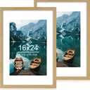 Hongkee 16x24 Frame Set of 2, Natural Oak Wood Style - Display 16 x 24 Picture without Mat or 12x18 Picture with Mat, Wall Mounting Horizontal and Vertical