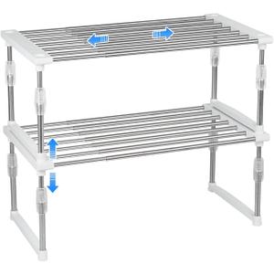 carrotez 2 Pack Expandable Cabinet Organizer, Set of 1 Width & Height-Adjustable Kitchen Cabinet Organizer Shelf, Stackable Kitchen Counter Shelf, 11.8~19.6 x 7.8 x 5.9~9" White