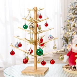 Roowest 17.72 Inch Christmas Tree Ornament Stand Holder with Arms Wooden Christmas Crafts Tree Shaped Ornament Display Stand for Counter Desktop Xmas Holiday Party(Fixed Style)