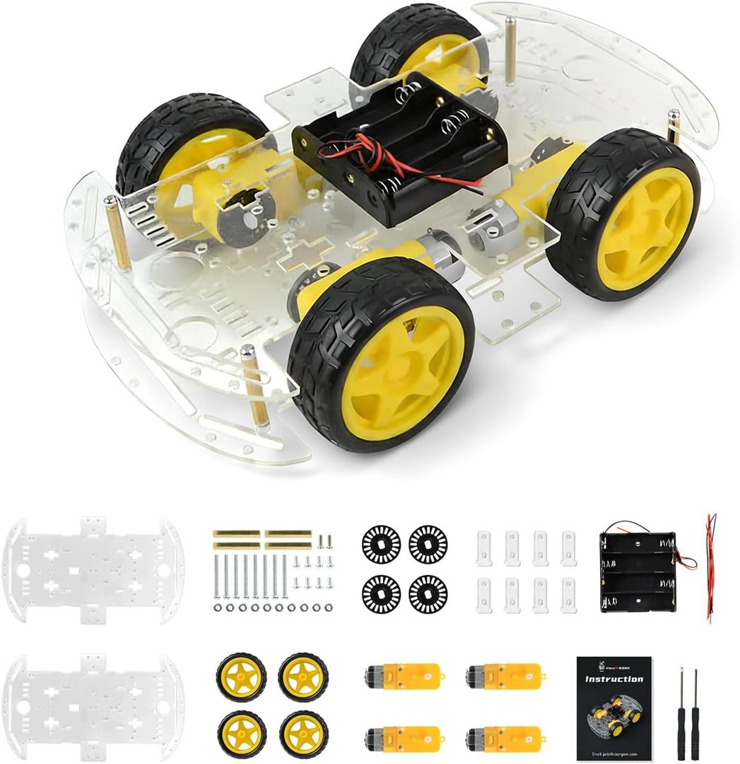4WD Robot Car Chassis Kit with TT Motor, Battery Box, Acrylic Chassis and 4 Wheels for Robotics Projects, Smart Robot Chassis, Robots Car Platform for Arduino Raspberry Pi (4WD Robot Chassis)