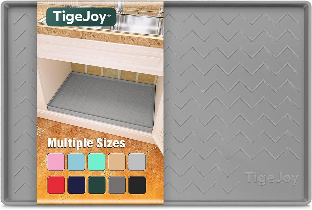 TigeJoy Waterproof Under Sink Mat 34" x 22", Shelf Liner Protector in Kitchen and Bathroom, Silicone Cabinet Liners for Organizers and Storage, Fit as Drawer Mats or Drip Tray (Light Gray)