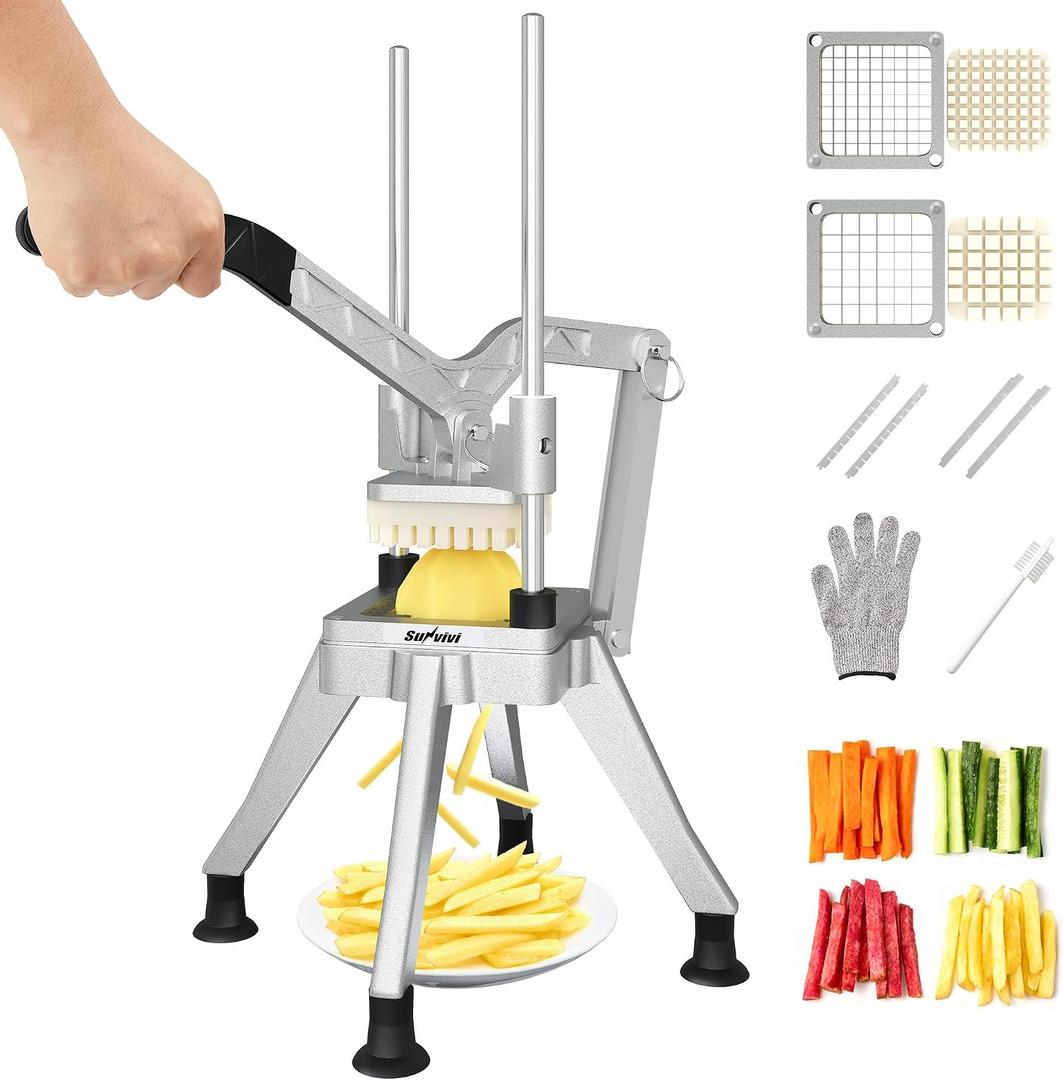 Commercial French Fry Cutter with 1/2 Inch and 3/8 Inch Blade, Heavy Duty Potato Slicer, Stainless Steel Potatoes Cutter for Restaurant & Home Kitchen