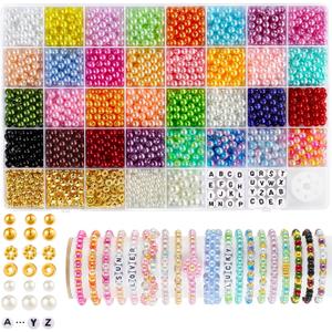 Funtopia 2085pcs Pearl Beads, 32 Colors Colorful Round Beads for Bracelets, Pearl Bead for Jewelry Making, Bracelet Making Kit with Gold Spacer Letter Bead for Crafting Bracelet Necklace Earrings DIY