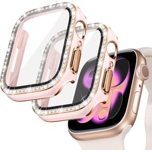 Goton 2-Pack Bling Case for Apple Watch Series 11/10 Screen Protector 46mm, Women Glitter Diamond Rhinestone Bumper Face Cover for iWatch Accessories 46 mm (Pink+Pink)