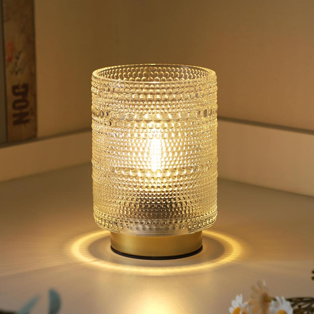Battery Operated Table Lamp,Cordless Small Glass Accent Lamp with 6-Hour Timer (6H On/18H Off), Warm White LED Decorative Lamp for Nightstand, Bookshel, Dorm, Desk, Entryway Decor, Indoor Use (Clear)
