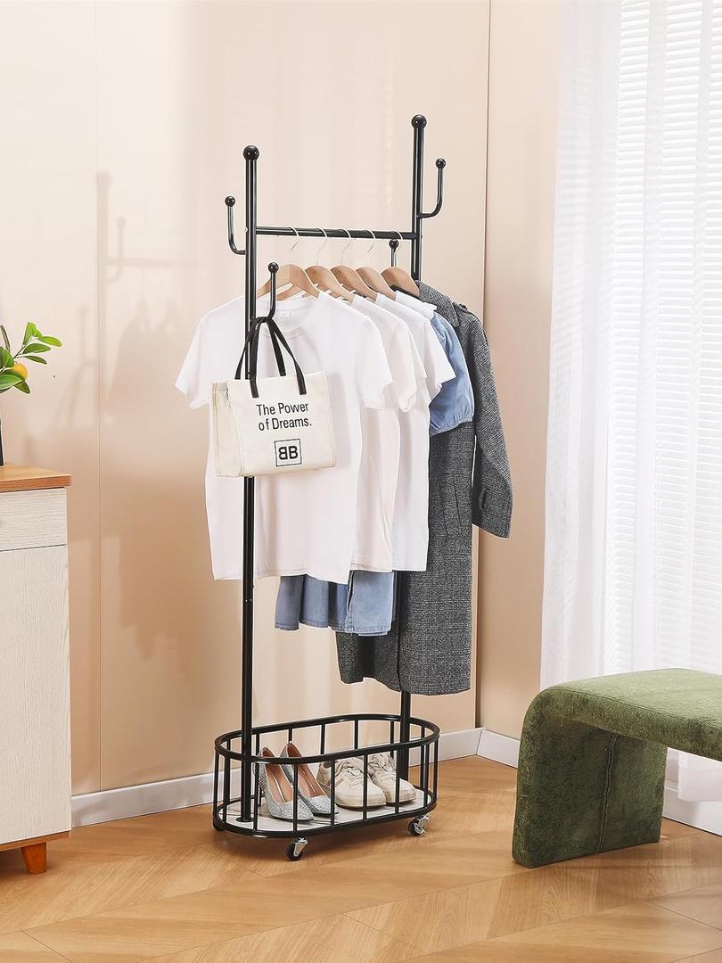 BOOSDEN Metal Clothing Rack with Wheels, Rolling Clothes Racks for Hanging Clothes, Standing Garment Rack with Storage Shelf and 4 Hooks, Clothes Hanger Racks for Bedroom, Closet, Living-room, Black