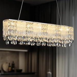 Crystal Glass Linear Chandelier, Modern Rectangular Pendant Light, Elegant Long Bar Ceiling Light Fixture for Dining Room, Kitchen Island, Living Room