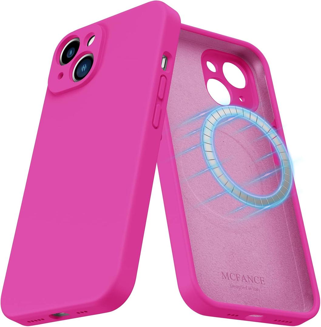 MCFANCE Silicone Magnetic for iPhone 14 Plus Case, Compatible with MagSafe, Full Camera Protection Soft Anti-Scratch Microfiber Lining for iPhone 14 Plus 6.7 inch 2022, Neon Pink