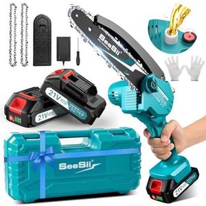 Seesii Mini Chainsaw 6 inch,Cordless Chainsaw w/ 2x2000mAh Batteries,Oiler System & Replacement Chain,Handheld Electric Chain Saw w/Safety Lock,Battery Powered Chainsaw for Wood Tree Cutting, CH600+ (Blue)