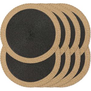 Noctiflorous Round Braided Placemats Set of 8 Table Mats 15 Inches Washable Heat Resistant for Dining Table Non-Slip Indoor Outdoor Place Mats for Thanksgiving Christmas Easter(Black Wide Edge 8)