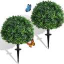 Dense Leafy Artificial Boxwood Topiary Ball Trees 24 Inch, Set of 2 Fake Plants Outdoor with Ground Spike, UV Resistant Faux Boxwood Bushes for Garden Patio Front Porch Decor