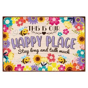 WADORN This is Our Happy Place Vintage Metal Tin Sign, 7.9x11.8 Inch Cute Bee Flowers Retro Wall Art Sign Funny Rustic Home Metal Decor Gifts Plaque for Home Garden Bedroom Cafe Bar Pub Club Garage