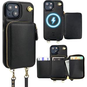 Bocasal for MagSafe Crossbody Wallet Case Compatible with iPhone 15, RFID Blocking Protective Purse Case with Card Slots Holder Kickstand Wrist Strap Lanyard Zipper 6.1 Inch 5G (Black)