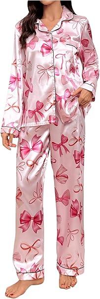 Women's 2 Piece Bowknot Print Satin Pajama Set Long Sleeve Button Down Lounge Pants Sleepwear Sets M