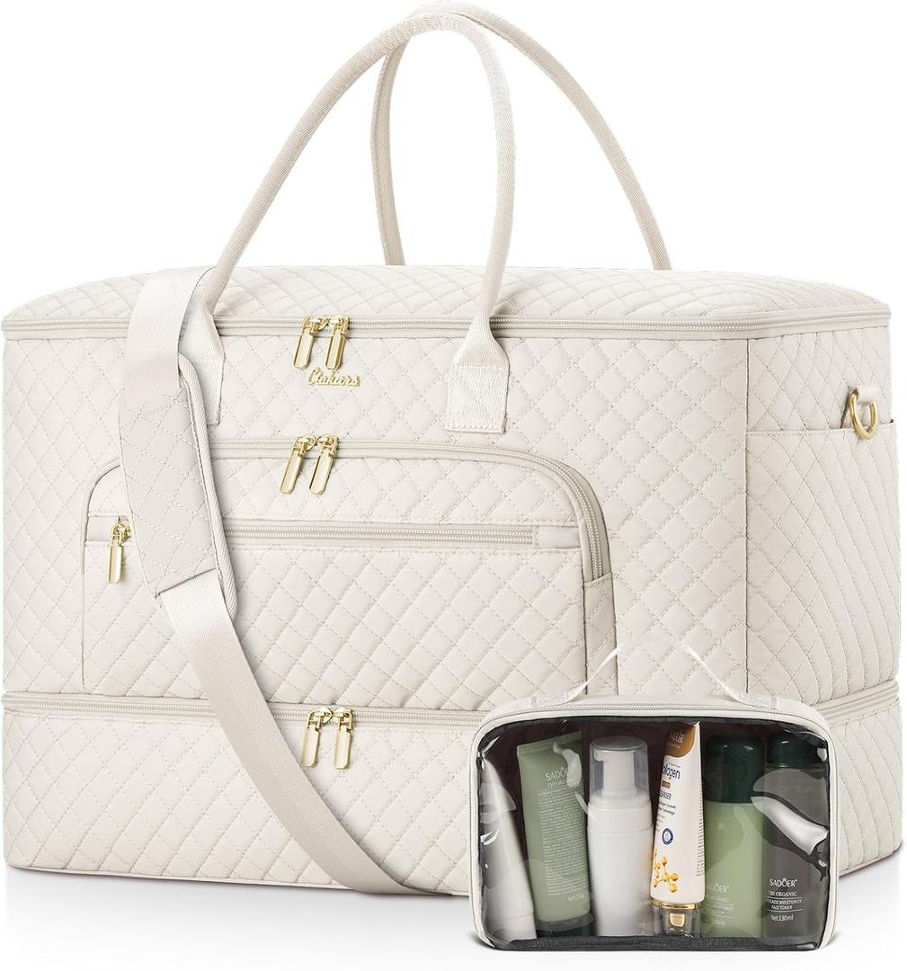 Travel Duffle Bag, Wide Open Large Weekender Bag for Women with Shoe Compartment, Carry on Overnight Bags with Toiletry Bag, Hospital Bag for Women Labor Delivery with Wet Pocket (Cream)