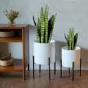 ARNIS Modern Plant Pots, Large Planters with Stand, Set of 2 Decorative Planters, Metal Pots with Drainage Holes for Living Room, Office, Garden or Balcony, 10.5 &12.25 Inch, White