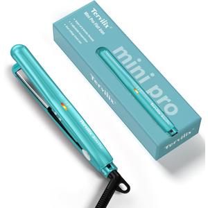 Terviiix Mini Hair Straightener Adjustable Temp, Travel-Size Mini Flat Iron, Mini Flat Irons for Short Hair/Curls Bangs, Ceramic Small Hair Curler for Men, Dual Voltage, Auto-Off, 1/2'', Cyan
