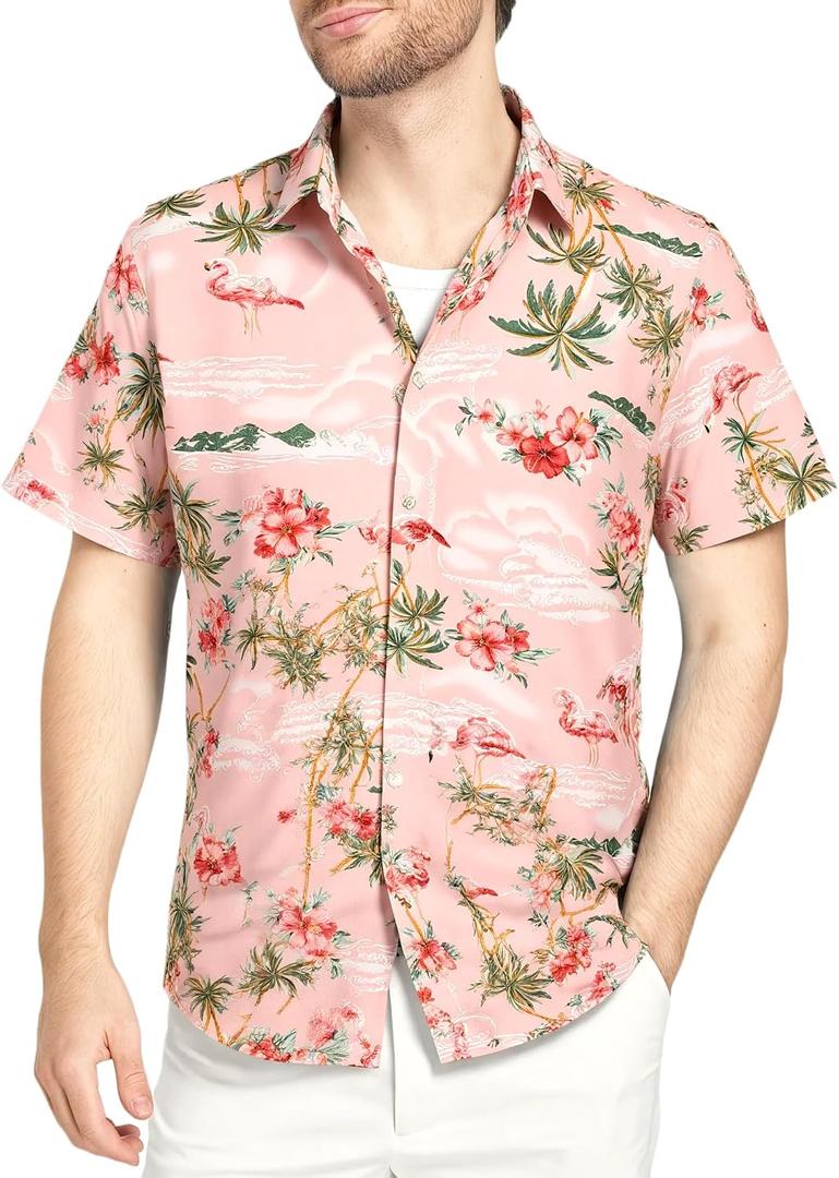 SSLR Pack Hawaiian Shirt for Men Flamingo Short Sleeve Casual Button Down Shirts Summer Beach Shirt (Pink, XL)