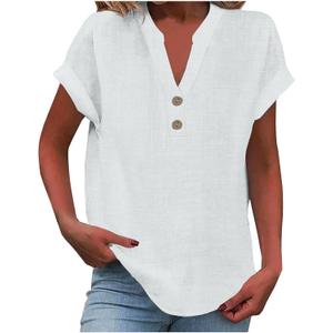 Linen Shirts for Women V Neck Button Down Blouse Short Sleeve Office Work Tops Vintage Vacation Tees Shirt Blouse Tops (White, XXL)