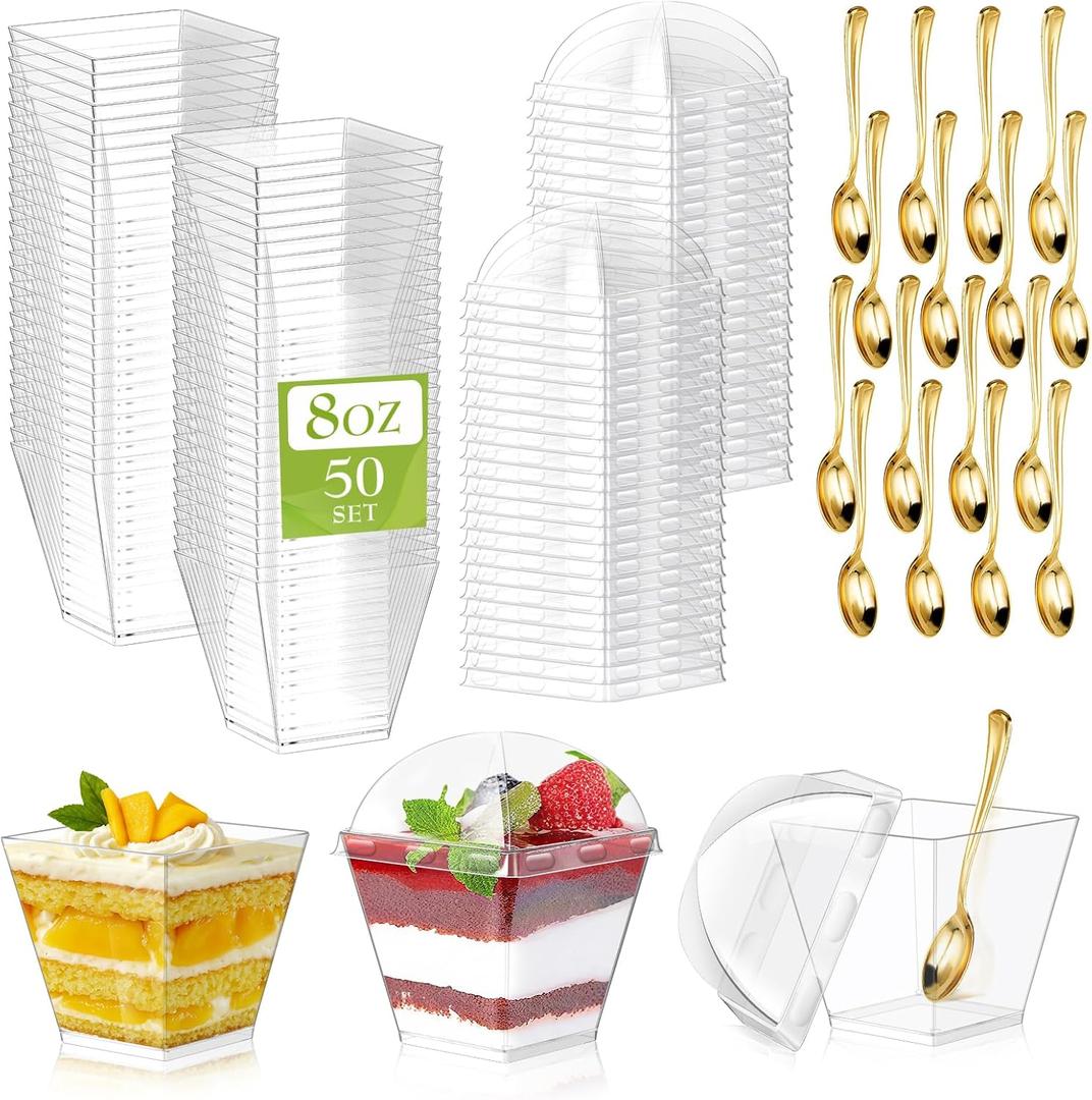 150 Pack 8oz Square Plastic Dessert Cups with Dome Lids and Mini Gold Spoons, Clear Yogurt Parfait Cups Serves 50, Disposable Appetizer Cups for Fruit Pudding Shooter Birthday,Wedding,Party Tasting