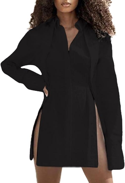 LYANER Women's Long Sleeve V Neck Button Down Split Hem Blouse
XXL Black