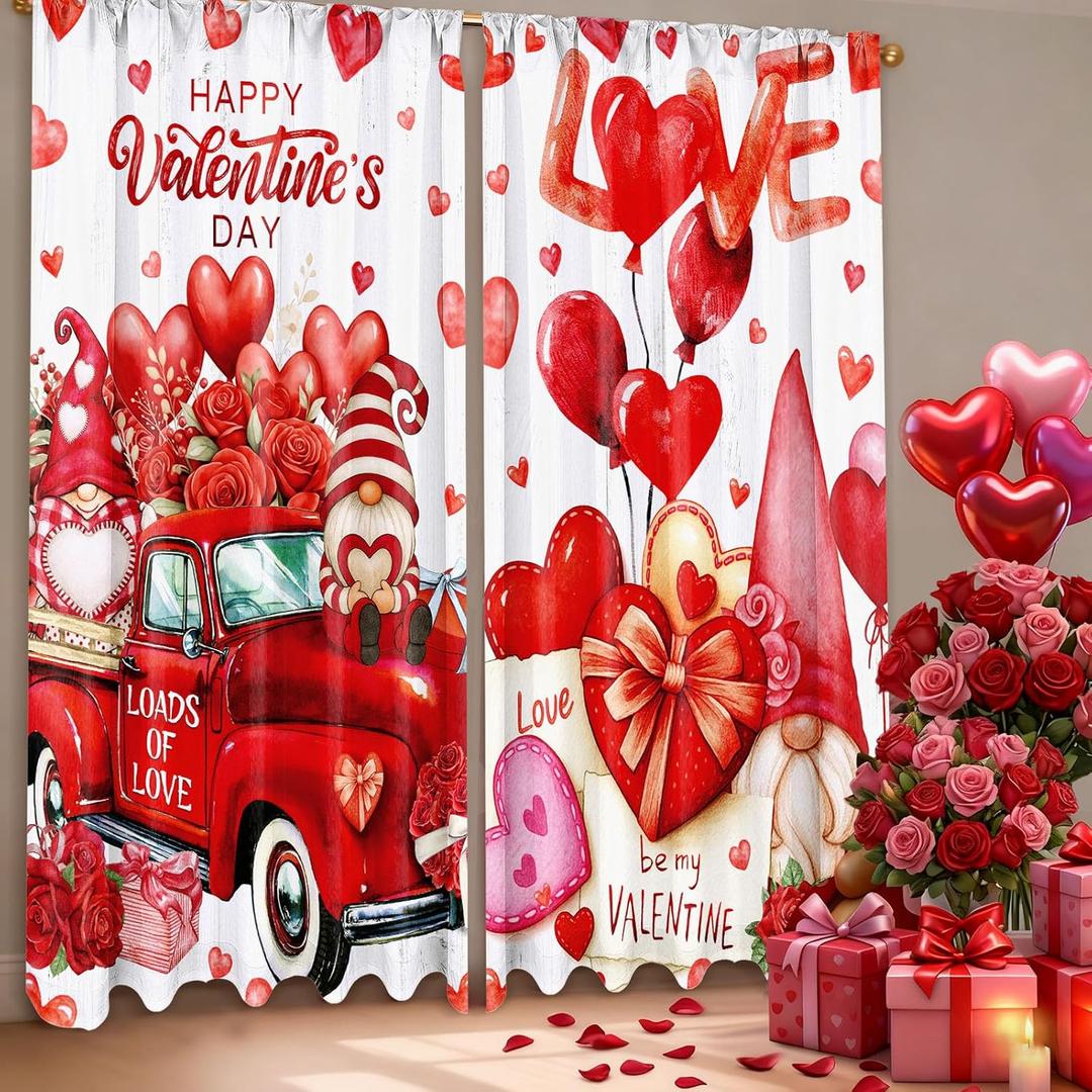 2 Pcs Valentines Day Curtains for Living Room Red Heart Truck Gnome Curtains 52 x 84 Inches Happy Valentines Day Window Drapes Romantic Love Bedroom Window Party Decor