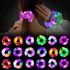 18Pcs Light Up Scrunchies, LED Hair Scrunchy for Women Girls Neon Colorful Hair Tie 3 Light Modes Hair Bands Glow in the Dark Hair Accessories for Rave Slumber Carnival Birthday Party Favor Supplies