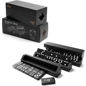 Unique Design | Dominos Set & 4 Wooden Racks/Trays | Double 6 Dominoes Portable Travel Set | Double Six Dominoes Set 4 Tiles Holders | 28 Tiles Dominos Set for Family Games | Solid Wood Black