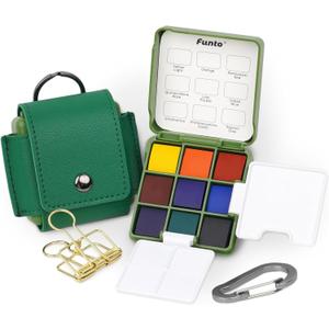 Funto Pocket Watercolor Set, Travel Artist Outdoor Sketch Kits with 2 Foldable Palettes, Portable Leather Case and Metal Clip, Kit for Art Lovers