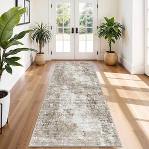 4x10 ft Extra Wide Hallway Rug  Non-Slip Washable Rubber-Backed Large Carpet Runner for Kitchen, Entryway | Modern Abstract, Low-Pile Thin Floor Mat for Bedroom Living Room Dining Room (Beige,Grey)