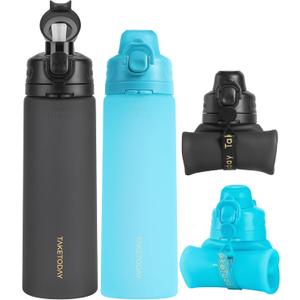 TakeToday Collapsible Water Bottles 20oz, Leak Proof, BPA-Free, Foldable Silicone Travel Water Bottle with Straw Strap for Cycling, Hiking, Outdoors (Black&Ocean)