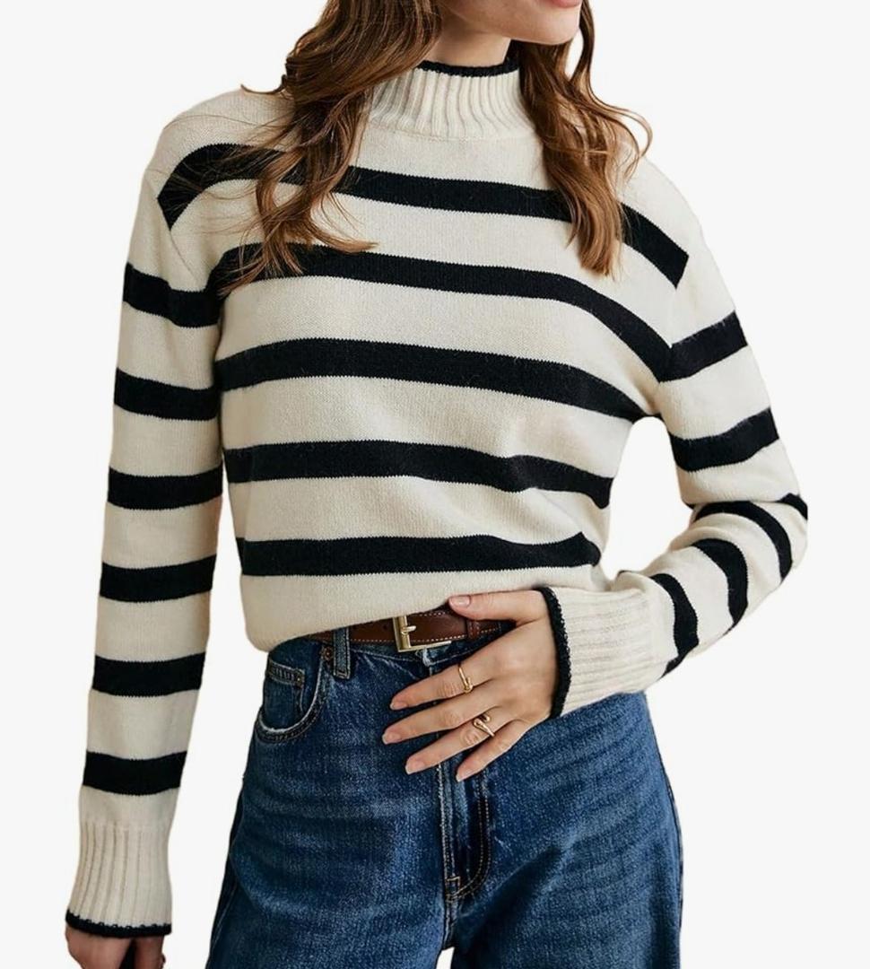 MakeMeChic Women's Striped Sweaters Mock Neck Long Sleeve Knitted Pullover Fall Winter Sweater, Medium