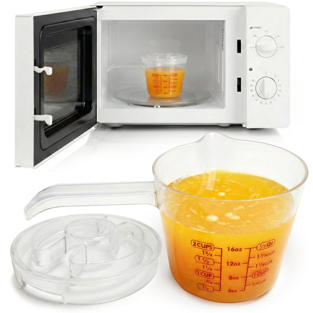 Microwavable Measuring Cup – Kitchen Discovery – 2 Cup Plastic Measuring Cup with Spout, Lid, and Extended Handle for Safe Boiling and Pouring – Microwave Safe Measuring Cup