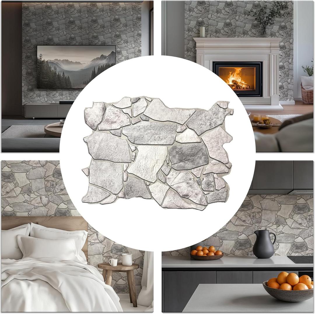 CONCORD WALLCOVERINGS  Retro-Art 3D Faux Stone Wall Panels, Pack of 10, Grey Wild Boulder, Lightweight PVC Sheets 17.5" x 23.75" (44.5 cm x 60.3 cm), Rock Tiles - Covers 28.86 Sq Ft (2.7 m2) (Gray)