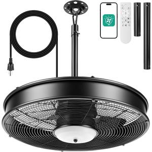 22 Inch Plug in Outdoor Ceiling Fan with Light, IP44 Waterproof Caged Gazebo Fan, Remote/App, 6 Speeds Dimmable LED for Patio Porch Pergola(Black), 21.65 inches / 55 cm