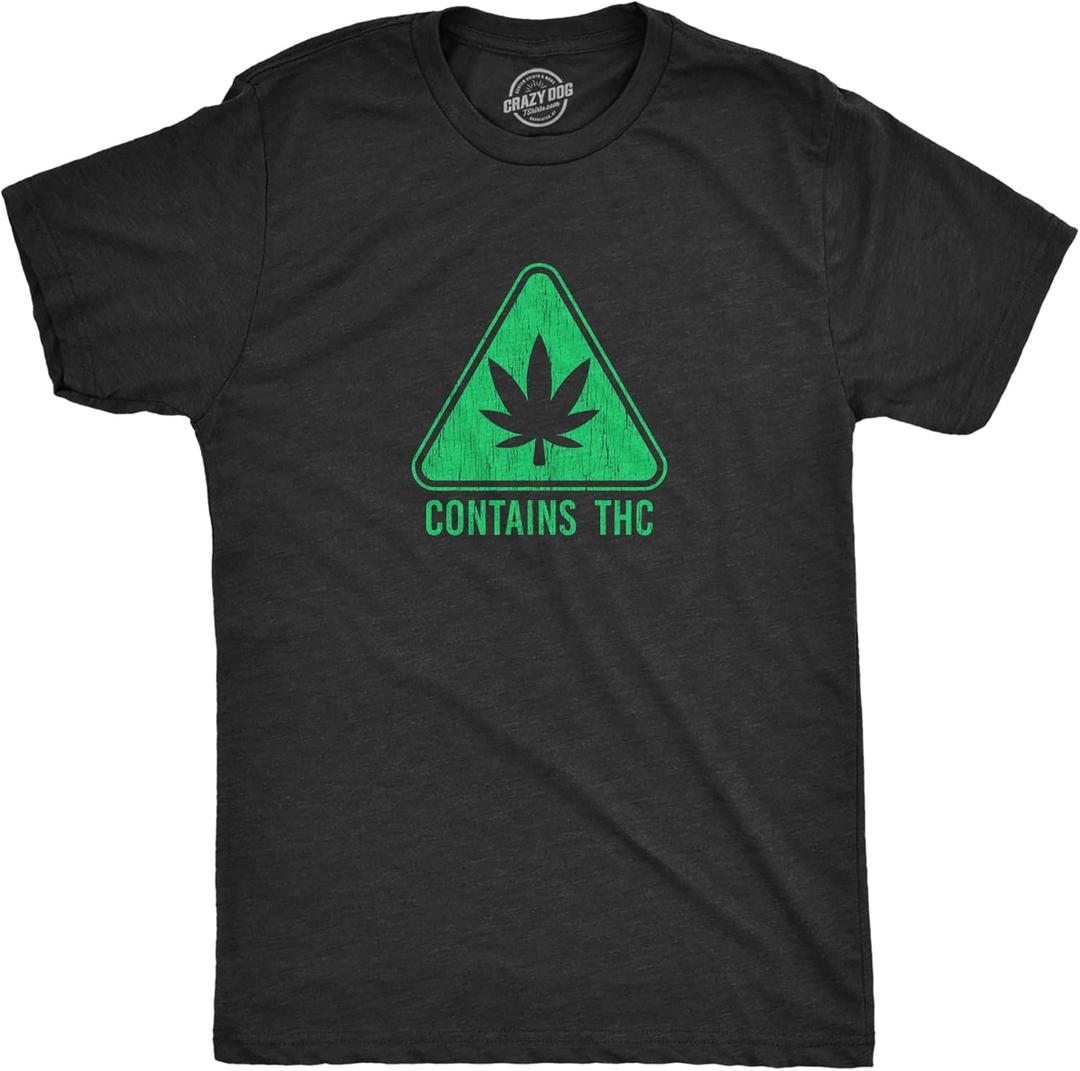 Mens Contains THC T Shirt Funny 420 Weed Leaf Warning Label Tee for Guys (Medium)