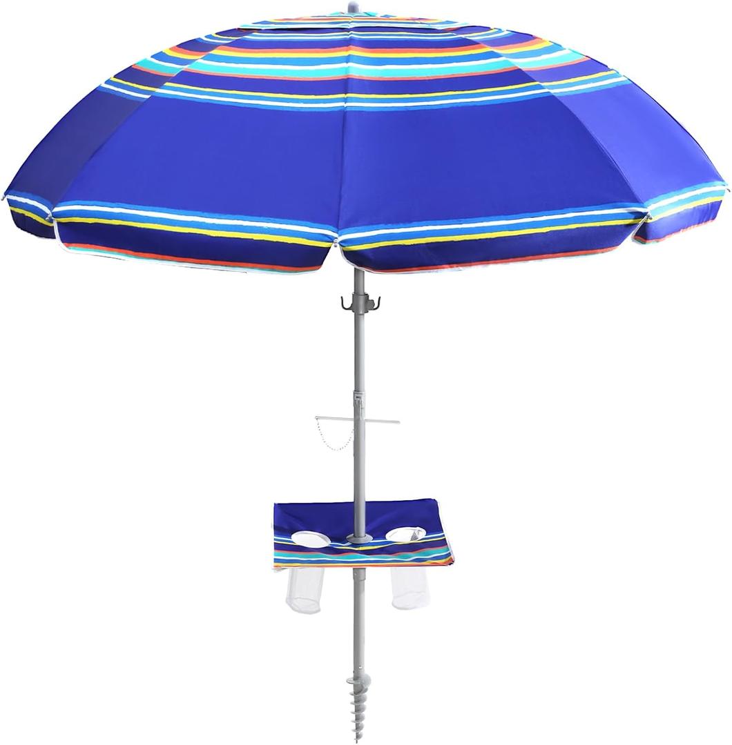 7ft Beach Umbrella featuring a built-in table with Sand Anchor & Tilt, UPF 50+ Protection Beach Umbrellas for Sand, Umbrellas for Heavy Duty Wind Portable with Carry Bag, Dark Blue StripesRandom pattern